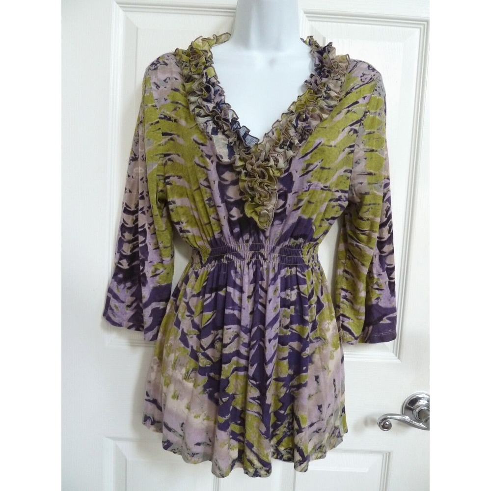 MUSHKA By SIENNA ROSE Small 3/4 Bell Sleeve Tie-Dye Ruffle Boho Blouse Top